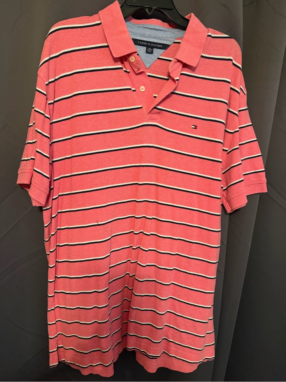 Tommy Hilfiger Coral Pink Striped Polo with Navy & White Accents